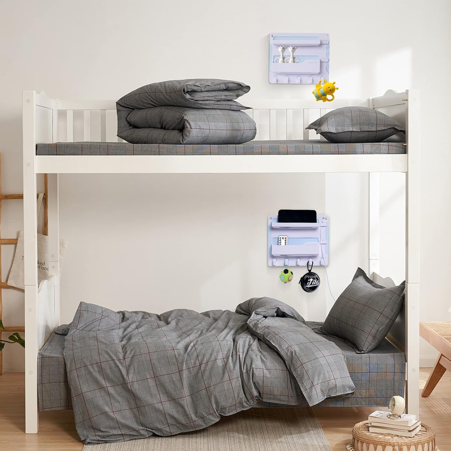 Wall Mount Bedside Shelf Organizer with Hooks Cable Clips No Drill (5)